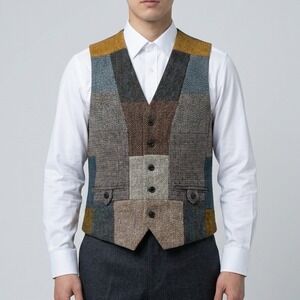 Harris Tweed Vest Mens S Multicolor Patchwork Wool Waistcoat Herringbone Plaid